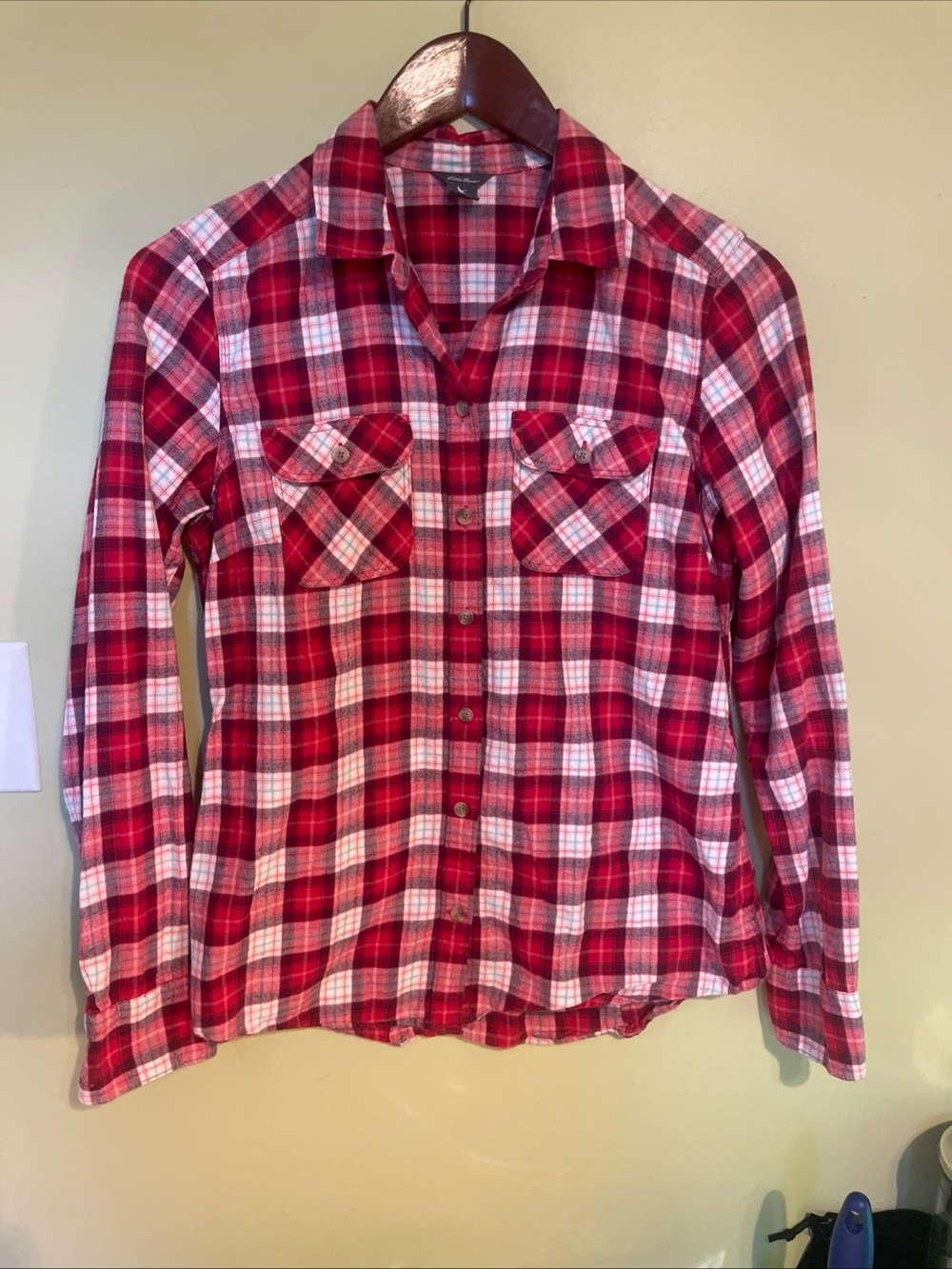 Eddie Bauer Red and White Plaid Flannel Shirt